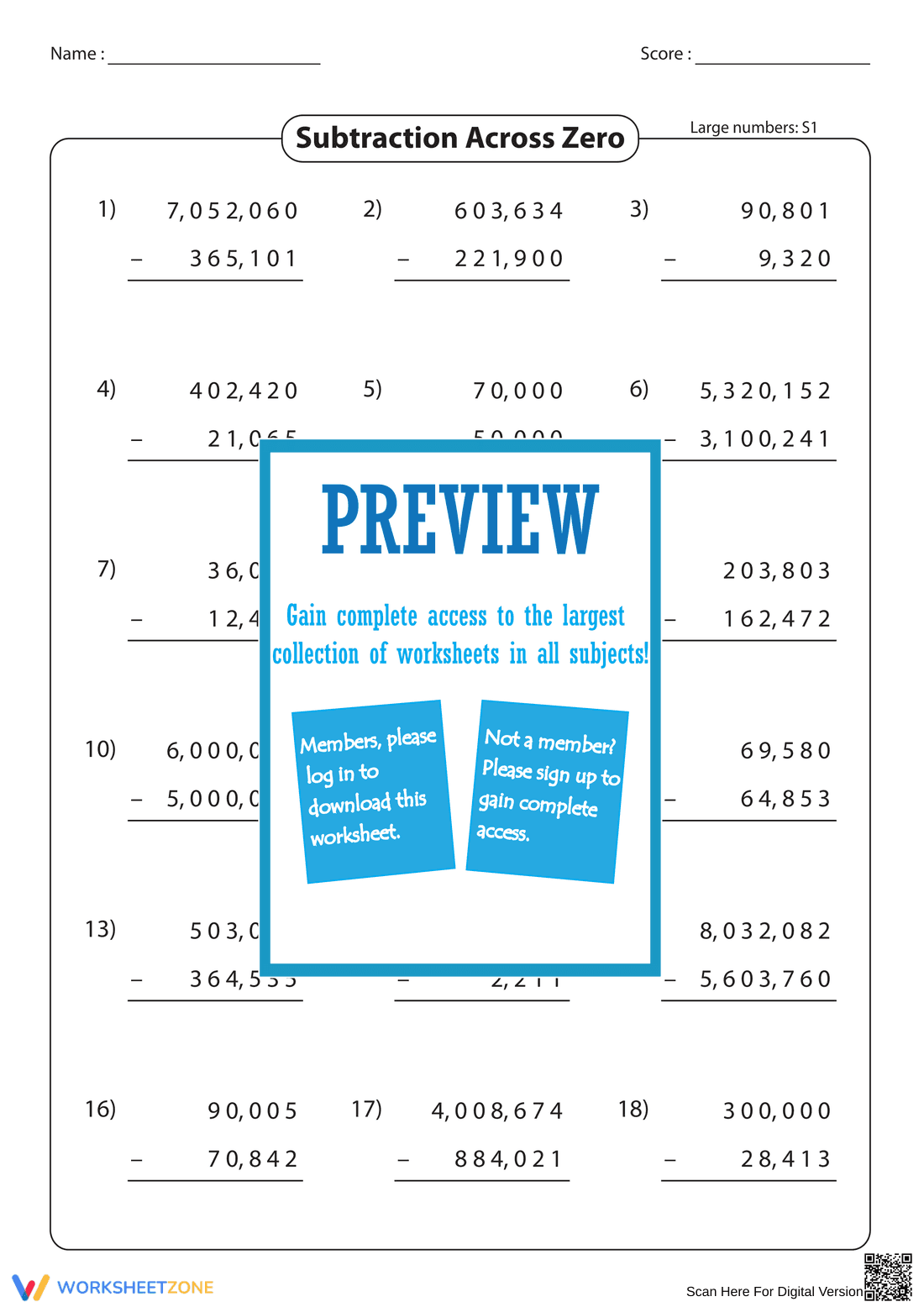 Subtract Large Numbers Across Zero - Page 1
