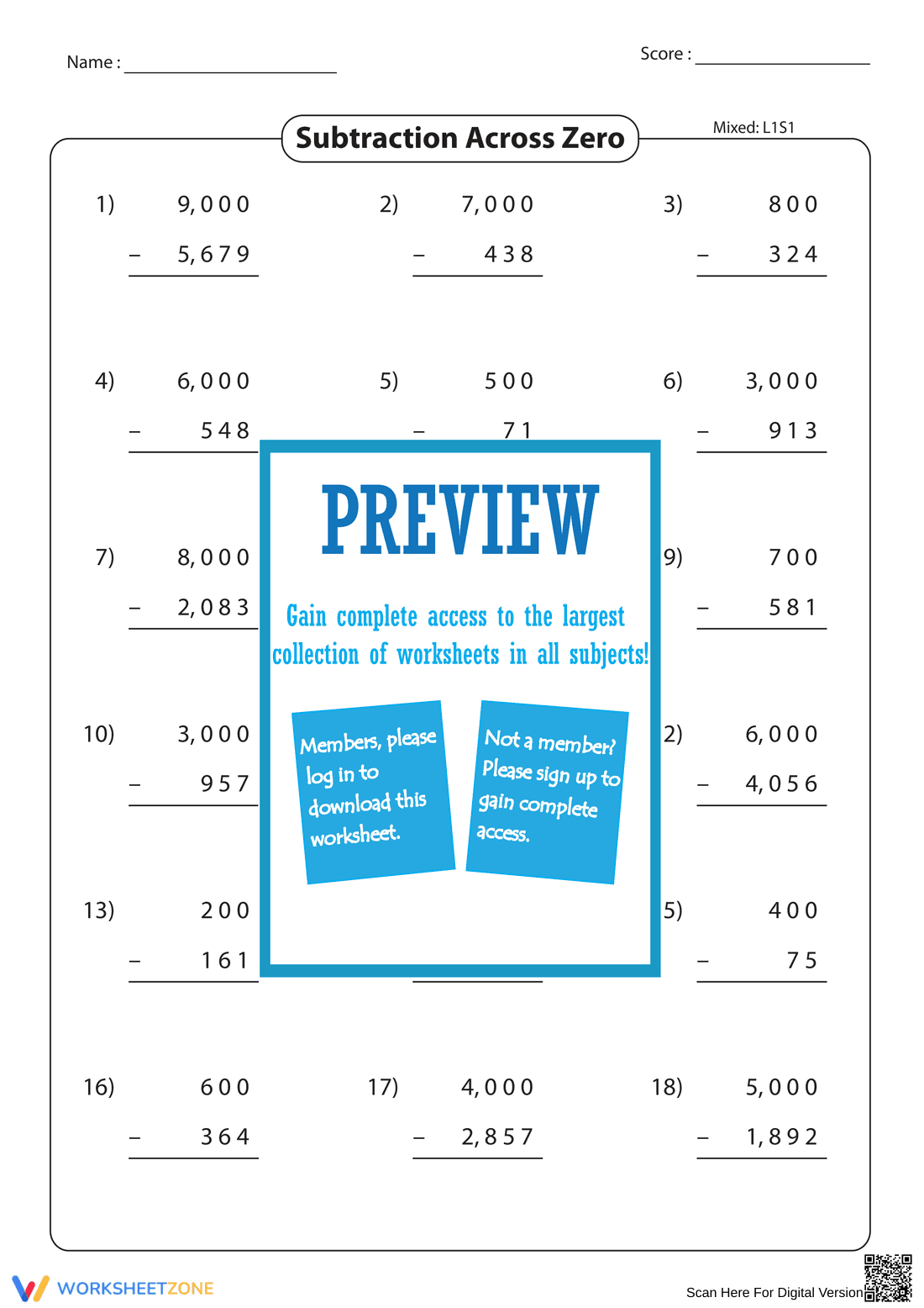 Subtraction Across Zero Worksheet for Math Practice - Page 1