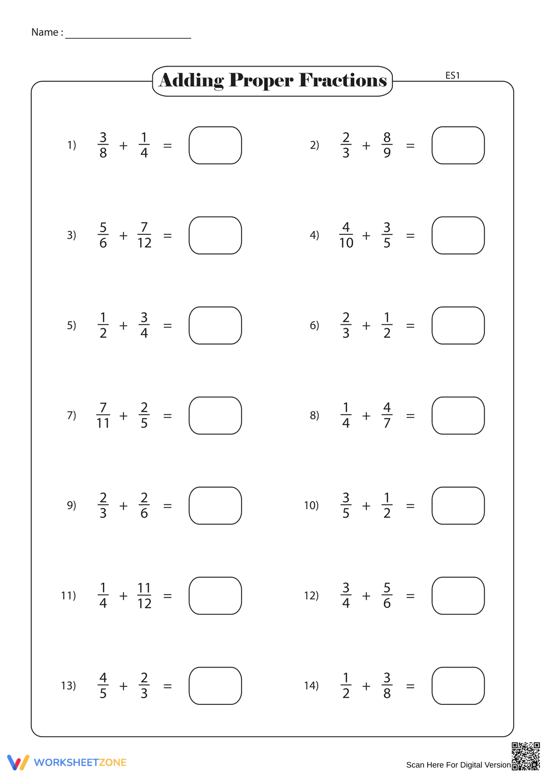 Adding Proper Fractions Worksheet - Page 1