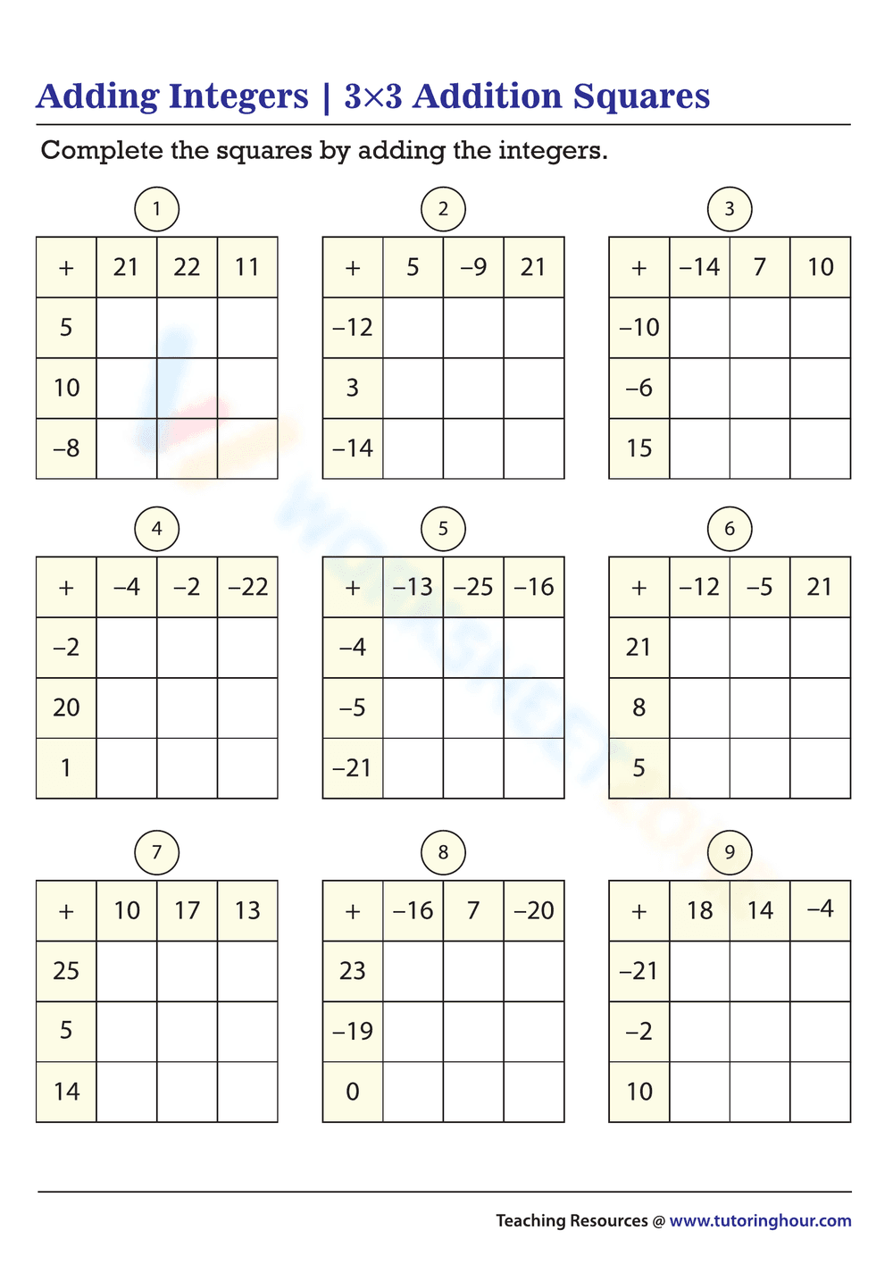 Adding Integers with 3x3 Addition Squares - Page 1