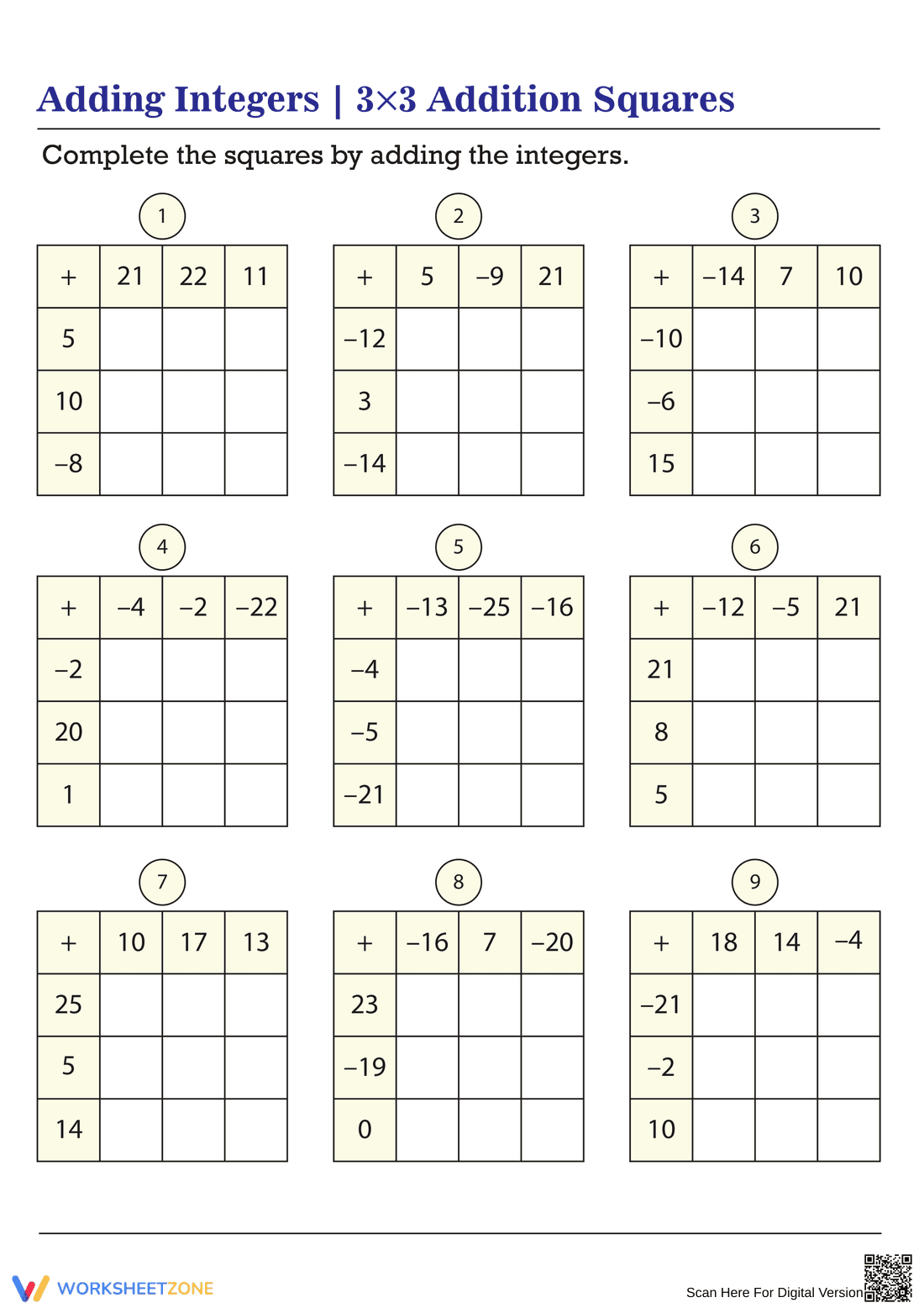 Adding Integers with 3x3 Addition Squares - Page 1