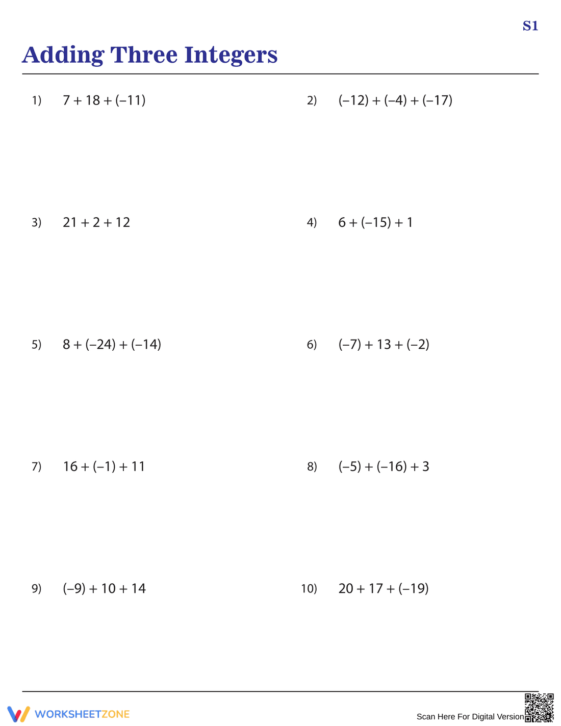 Adding Three Integers Practice Worksheet - Page 1