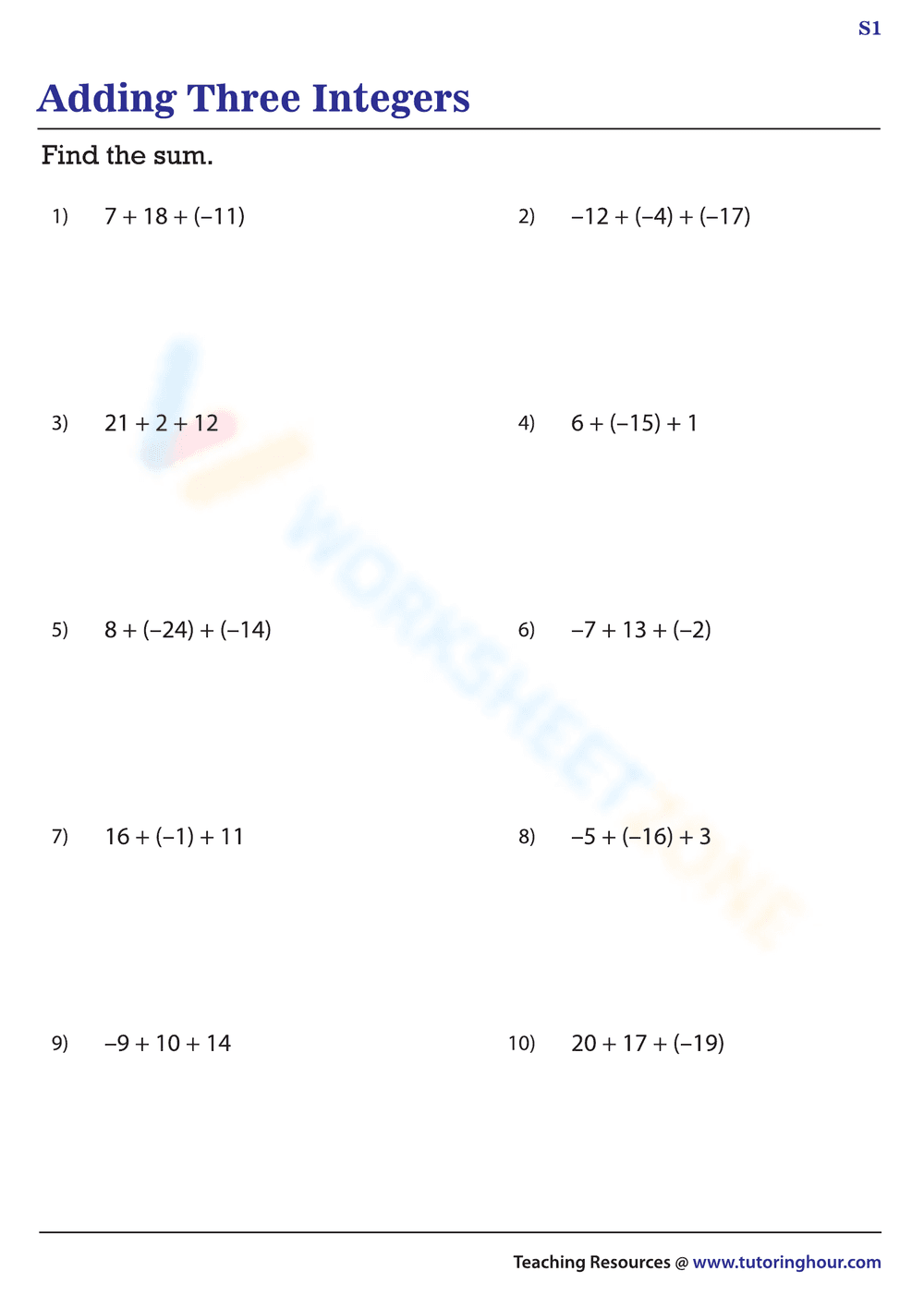 Adding Three Integers Practice Worksheet - Page 1