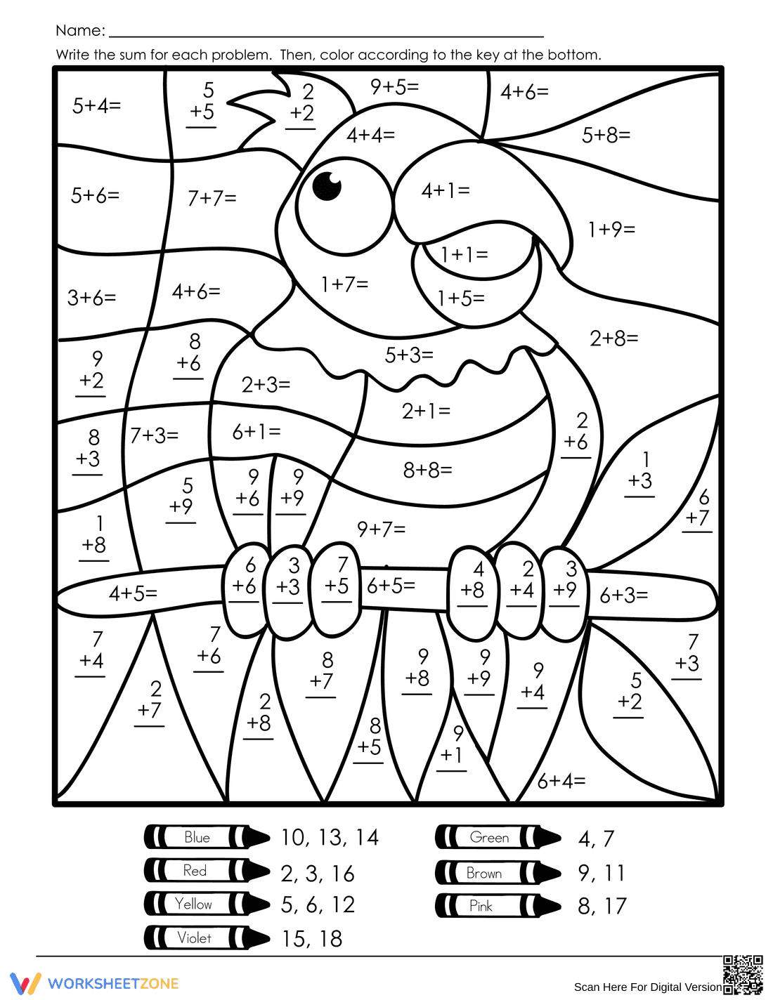 Mystery Picture Addition Worksheet - Parrot - Page 1