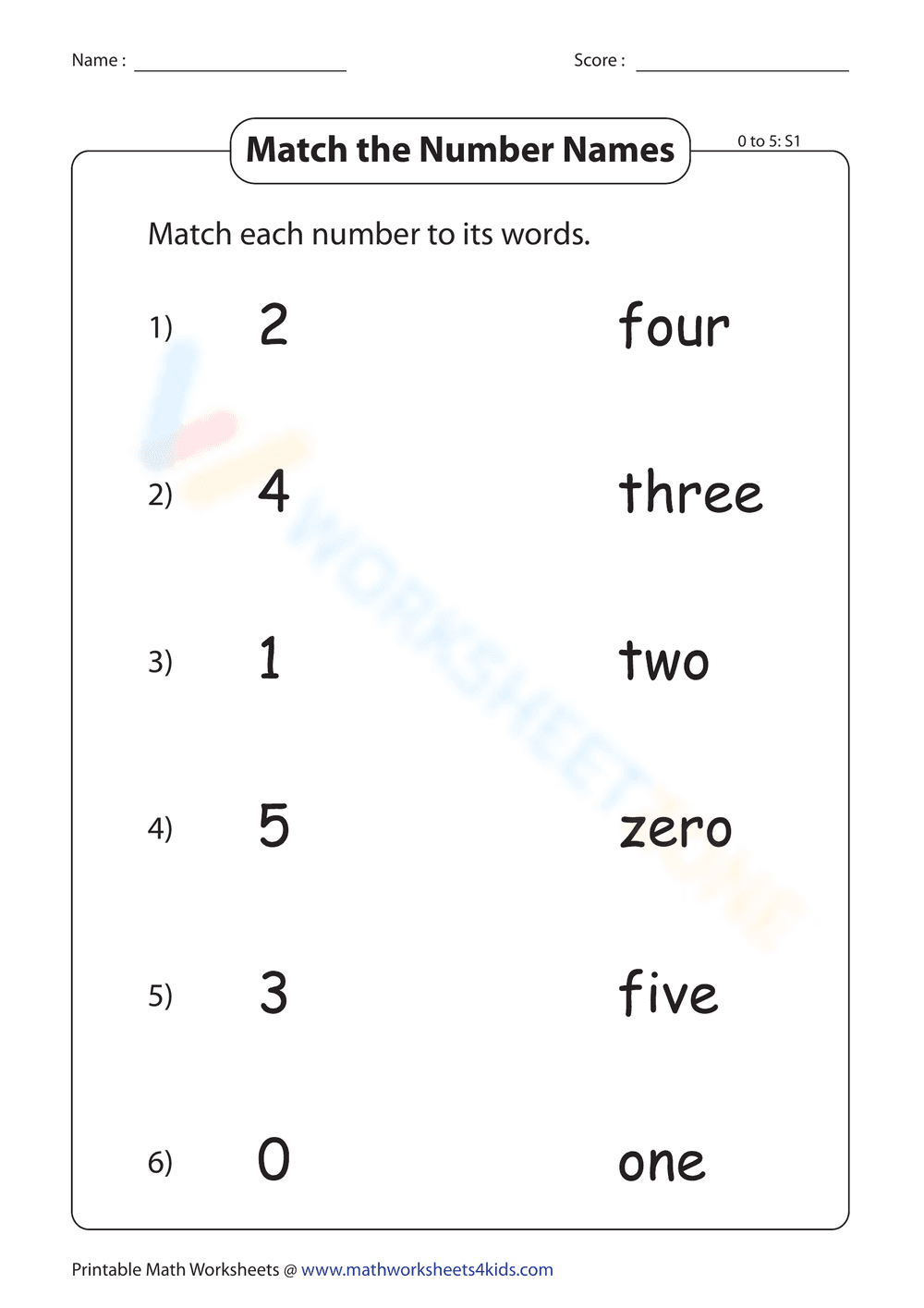 Match the Number Names Worksheet - Page 1