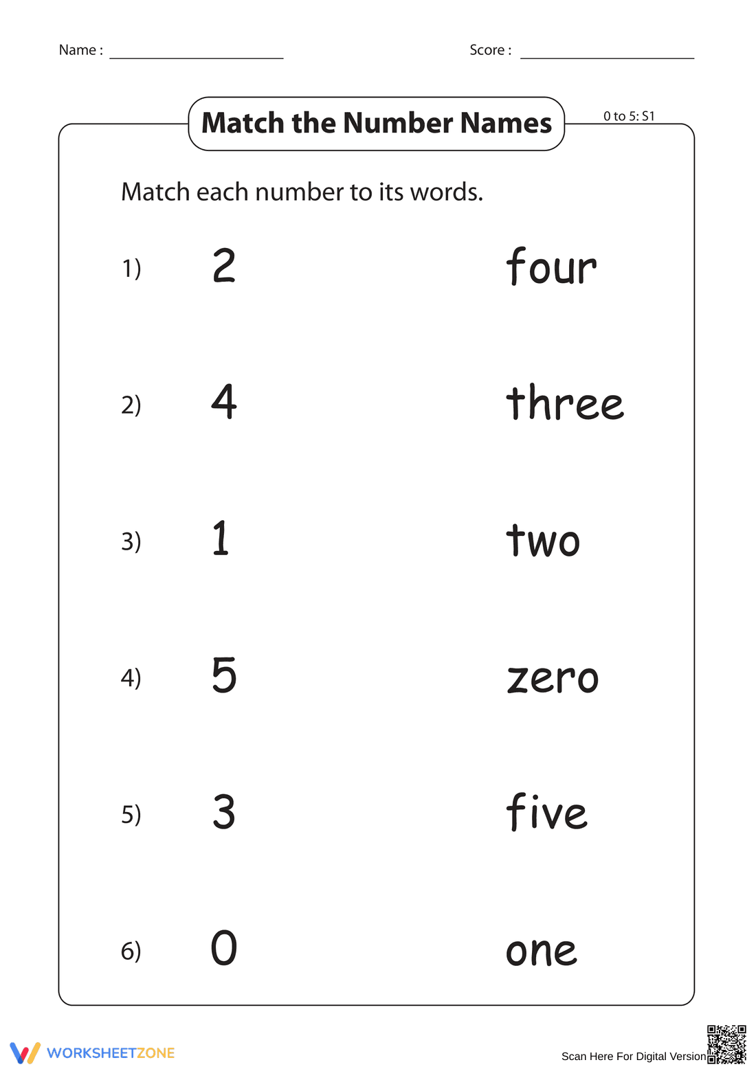 Match the Number Names Worksheet - Page 1