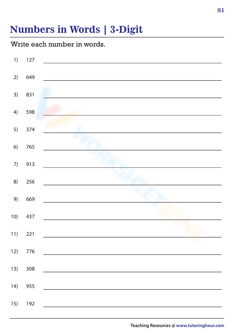 Numbers in Words - 3 Digit Practice - Page 1