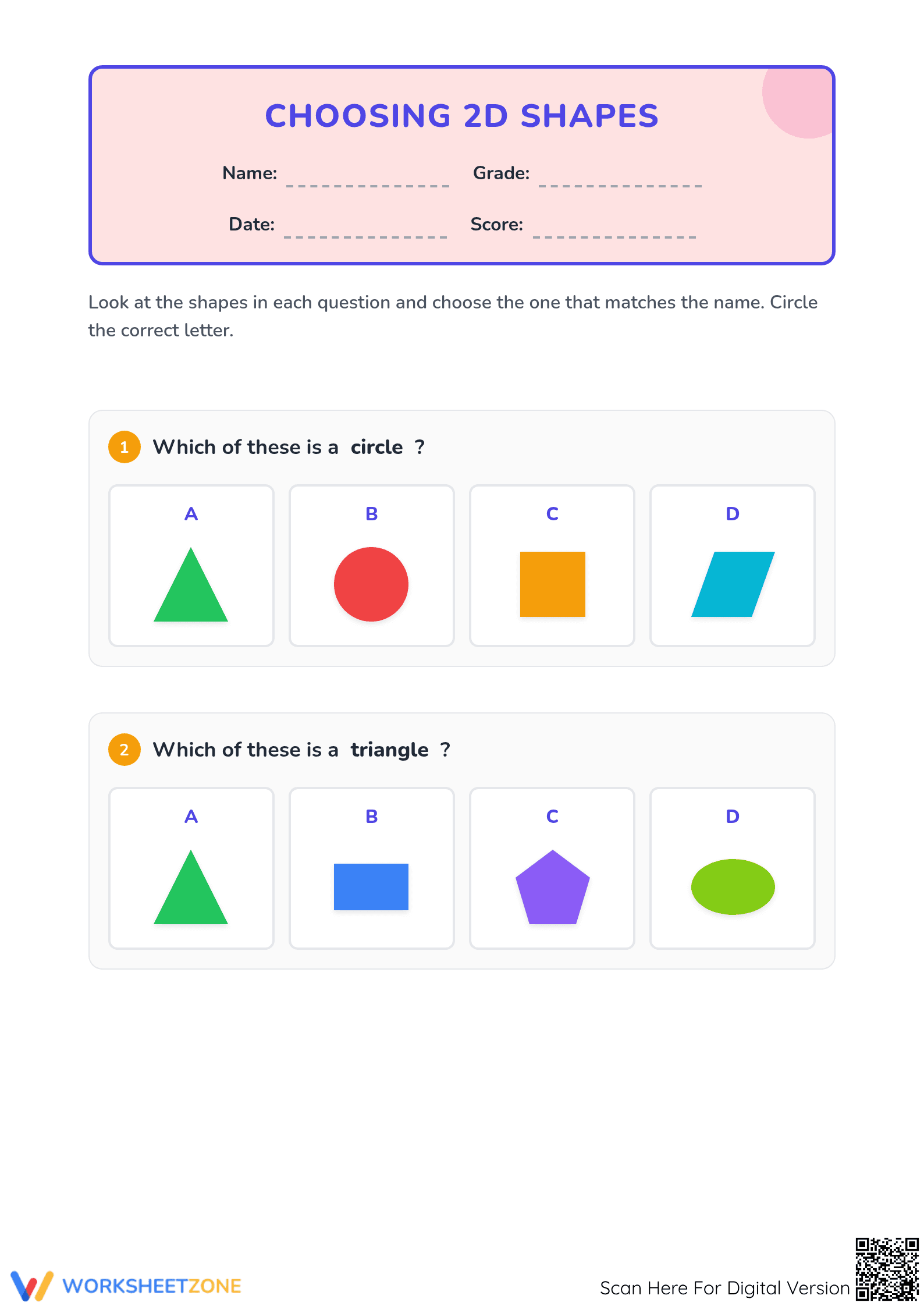 Essential 2D Shapes Identification Worksheet | Grade 1-3 - Page 1