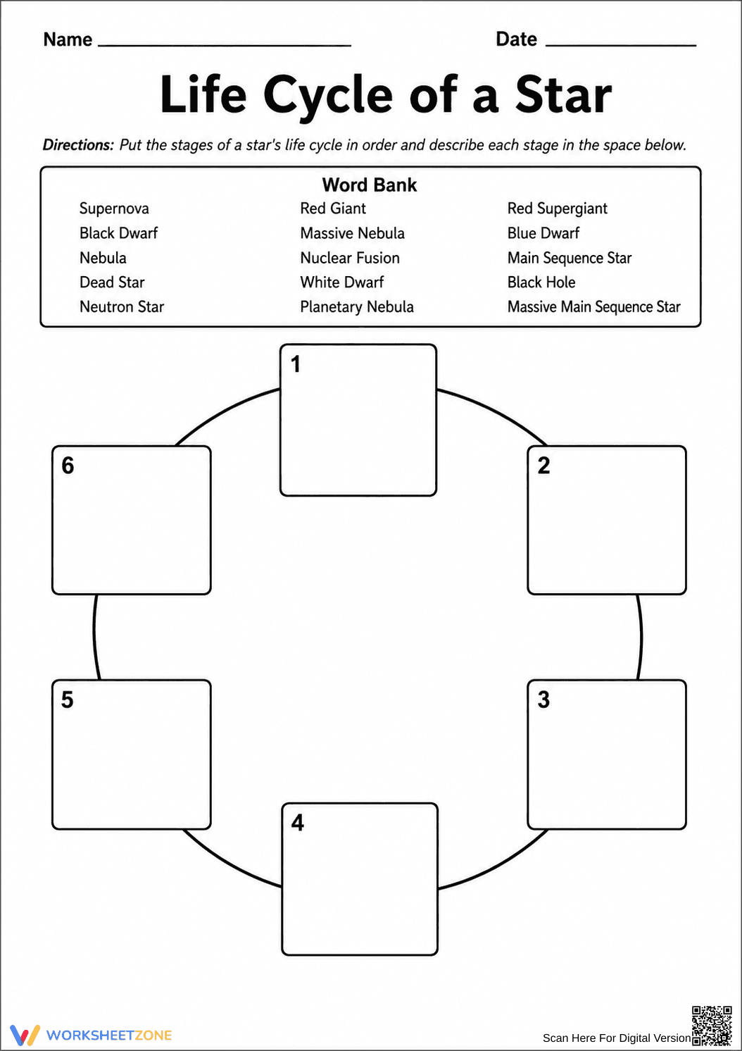 Grade 8 Star Life Cycle — Printable No-Prep Worksheet - Page 1