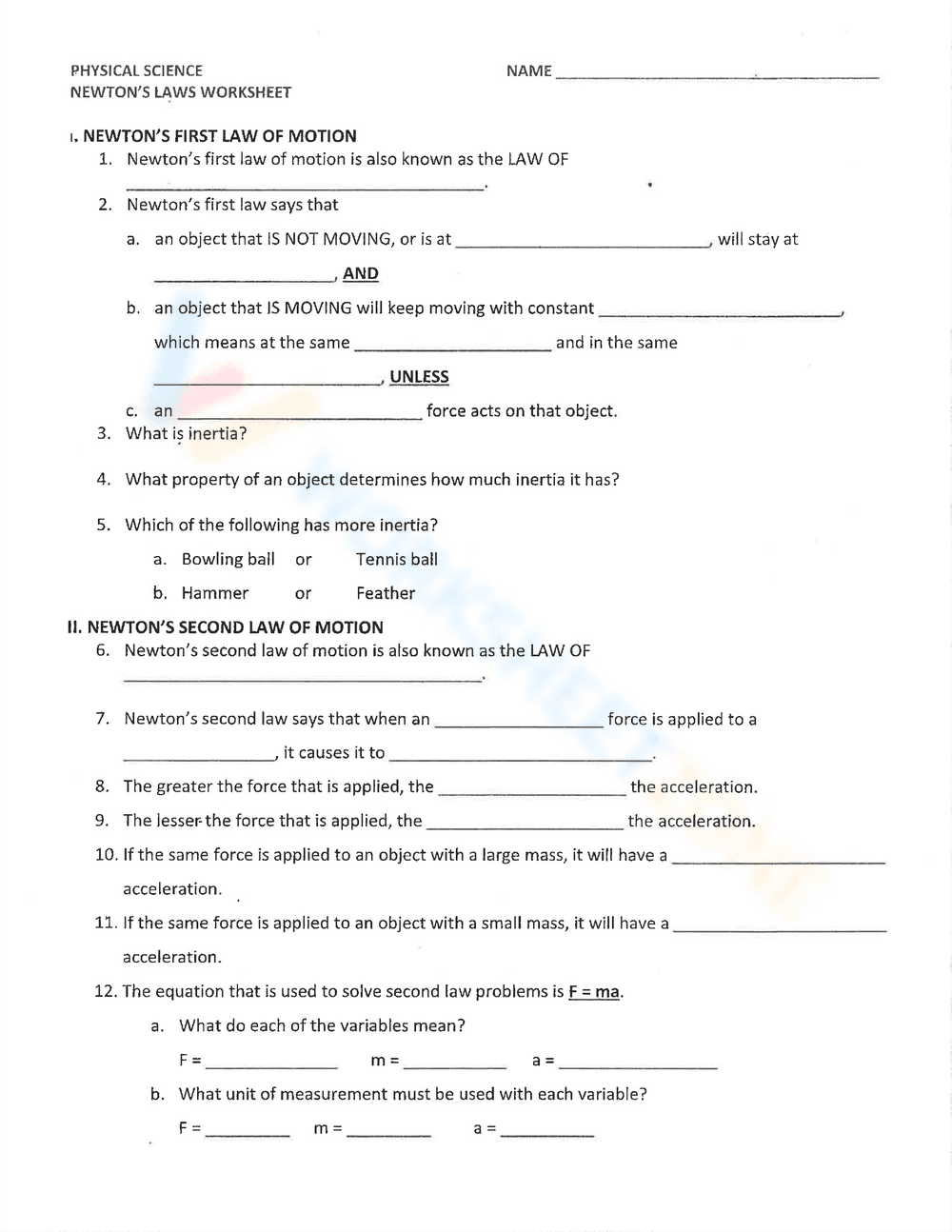 Practice Newton's Laws with this Worksheet - Page 1