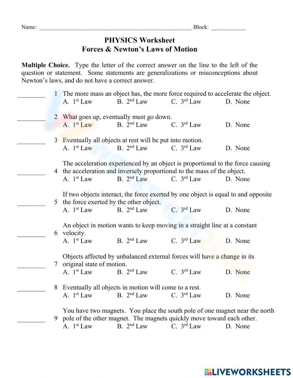 Forces and Newton's Laws of Motion Worksheet - Page 1