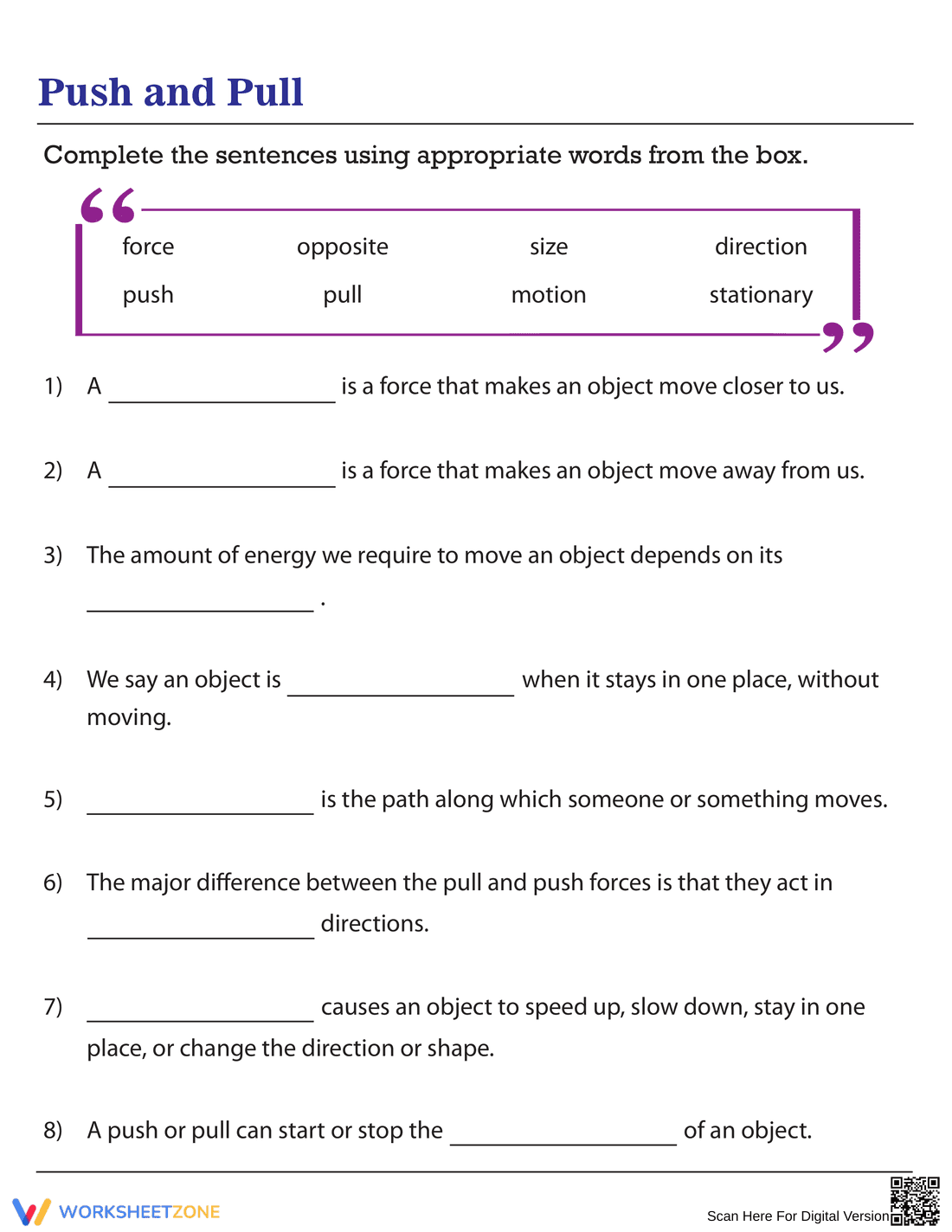 Push and Pull Vocabulary Worksheet - Page 1