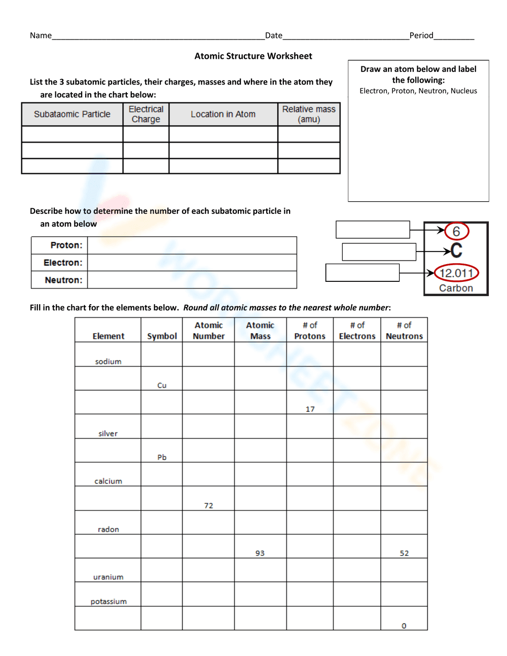 Atomic Structure Worksheet: Identifying Parts - Page 1