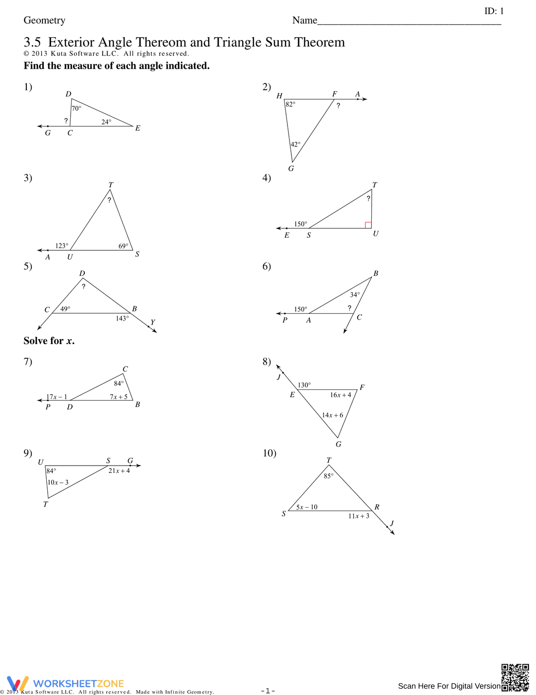 Exterior Angle and Triangle Sum Theorem Worksheet - Page 1