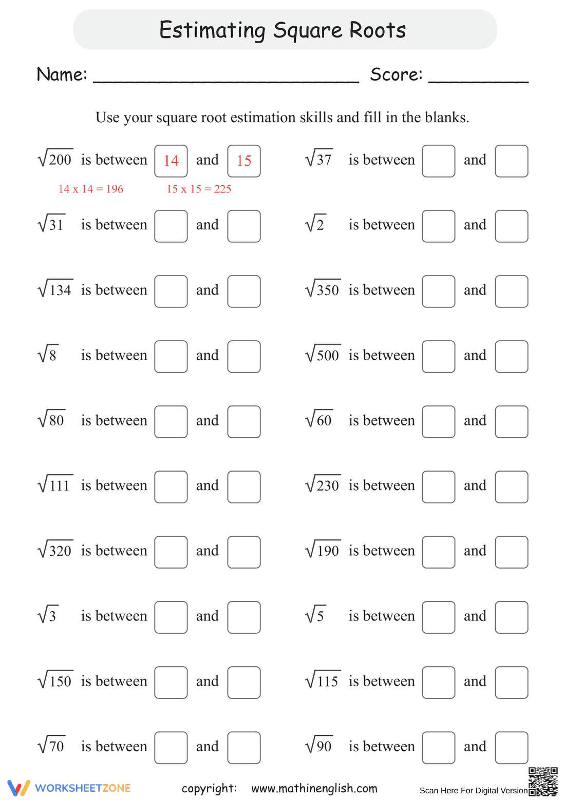 Estimating Square Roots Practice Worksheet - Page 1