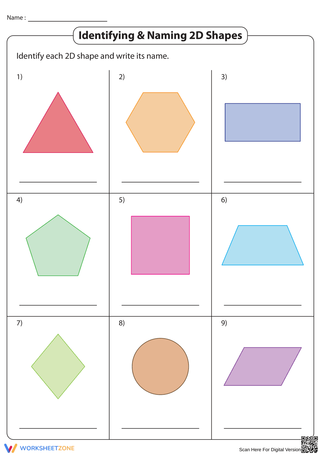Identifying and Naming 2D Shapes Worksheet - Page 1