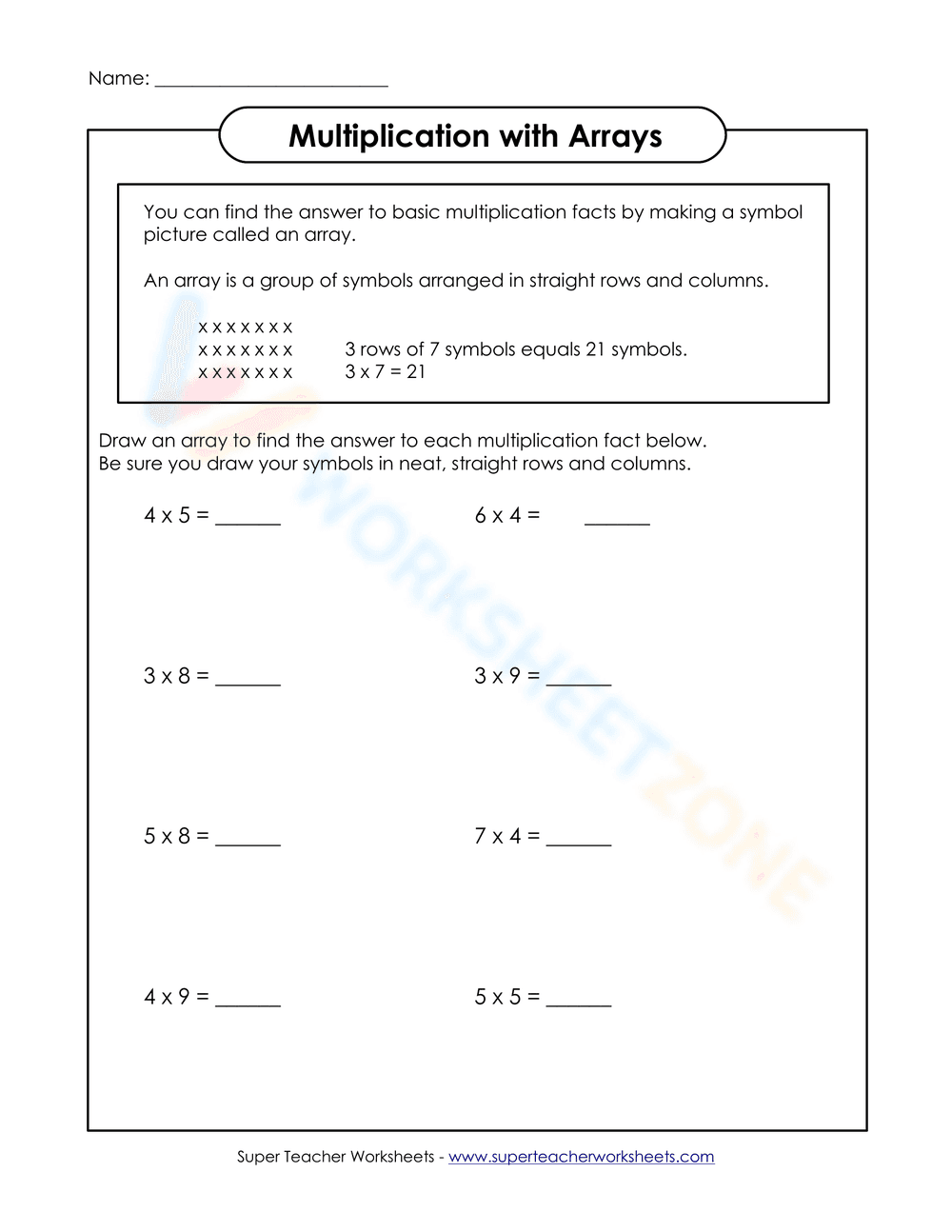 Multiplication with Arrays Worksheet - Page 1