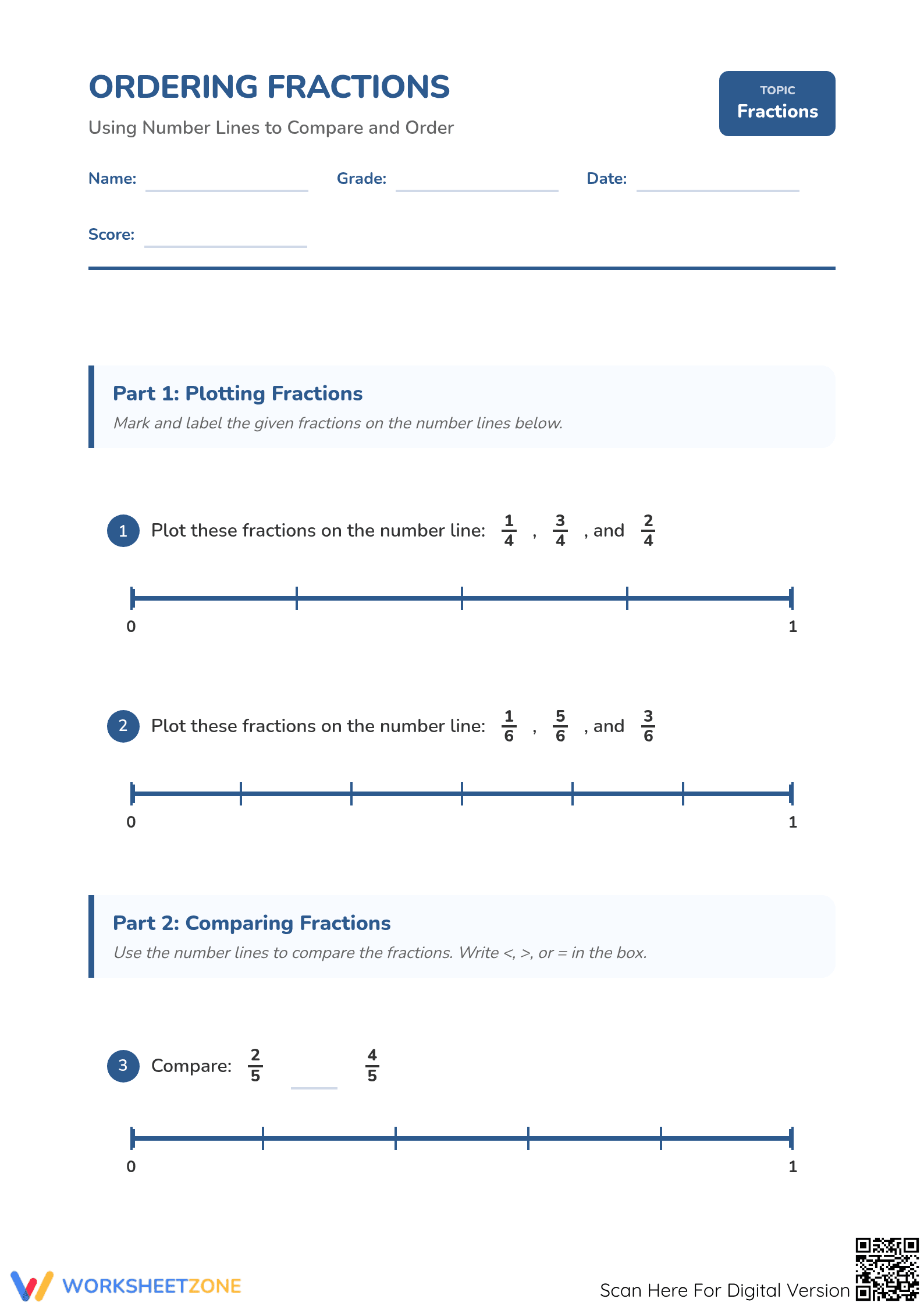 Printable Ordering Fractions Worksheet | Grade 3-5 Math - Page 1