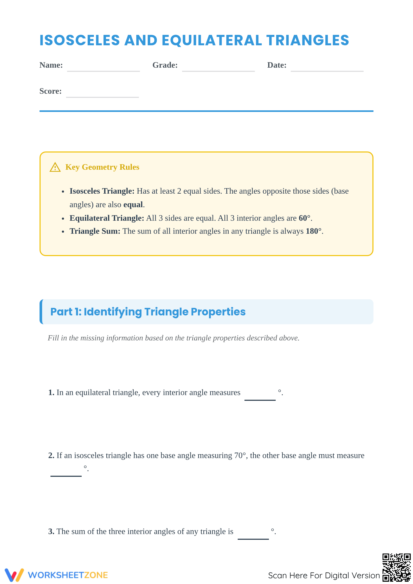 Printable Isosceles & Equilateral Triangles | Grade 4-5 - Page 1