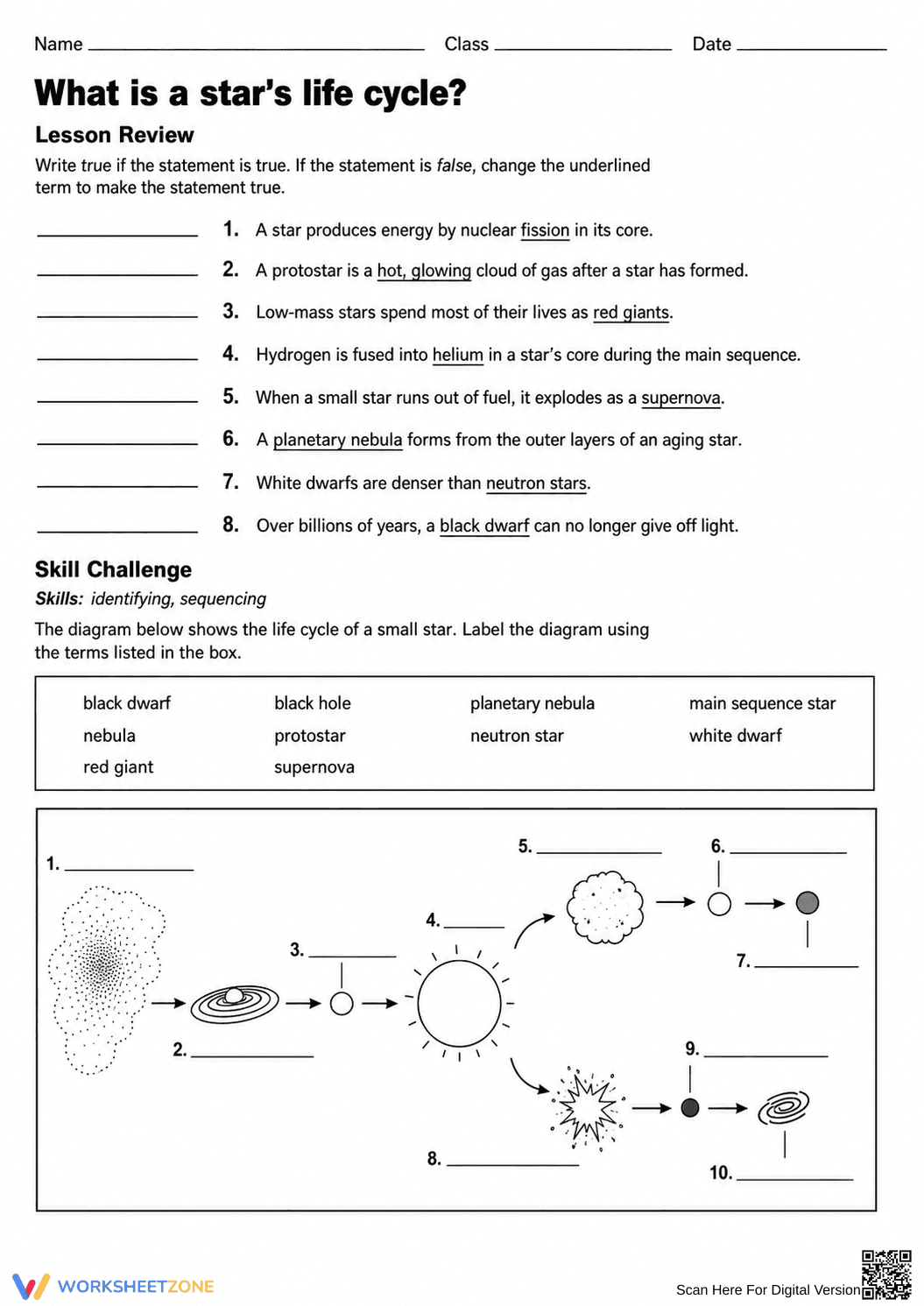 Complete Star Life Cycle Worksheet | Grade 8 Science - Page 1