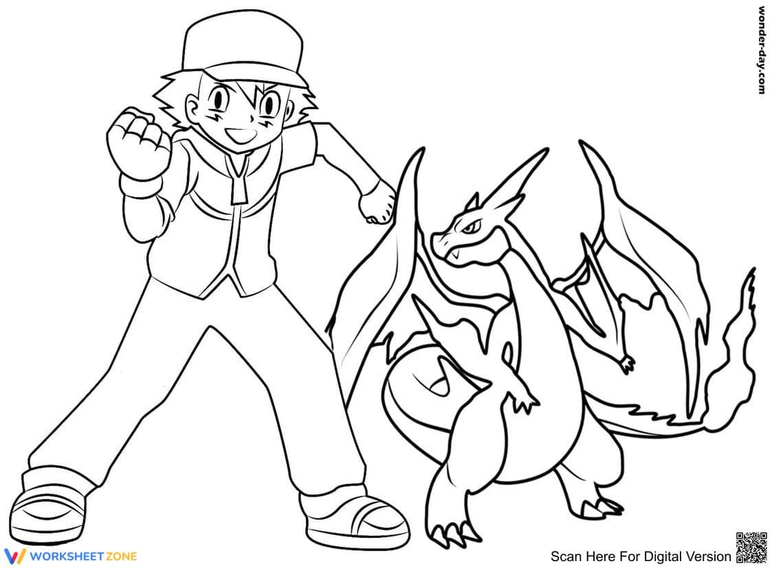 Ash and Charizard Coloring Page | Printable Art Activity - Page 1