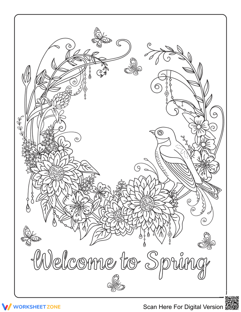 Bird Flower Wreath Printable Coloring Page | Grade 10+ Ready - Page 1