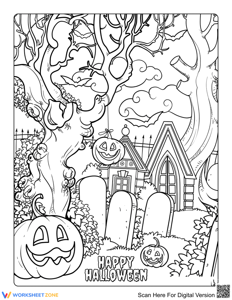 Printable Halloween Pumpkin Graveyard Coloring Page - Page 1