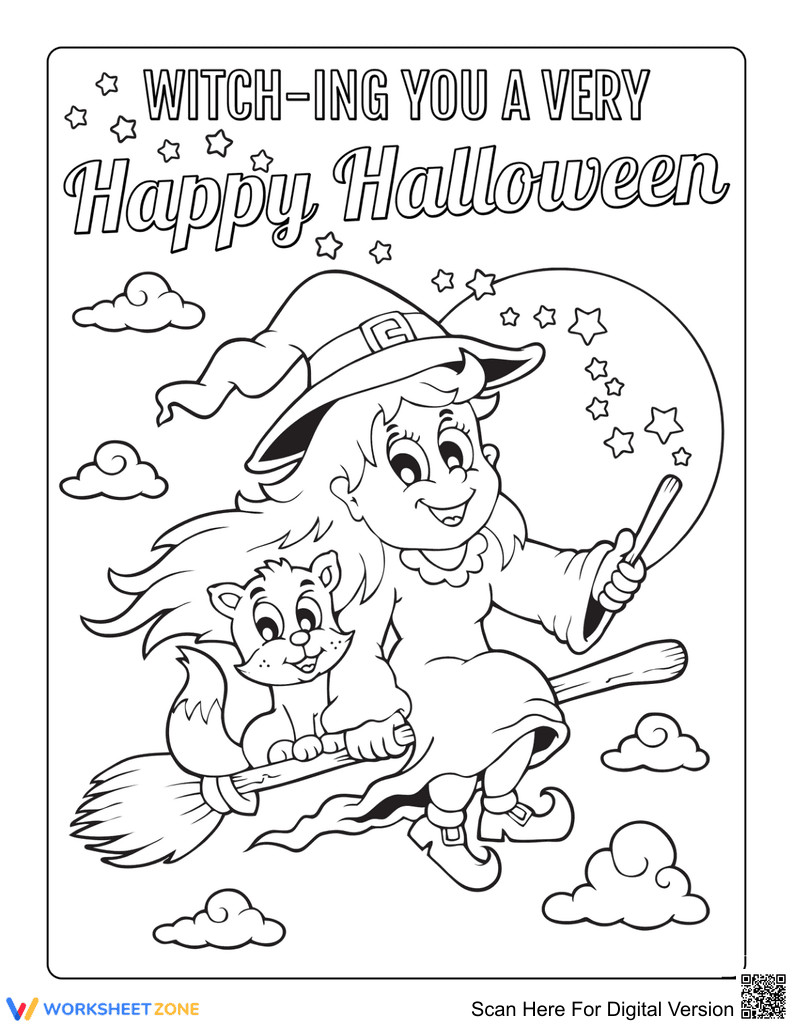 Witch and Cat Coloring Page | Essential Grade K Printable - Page 1
