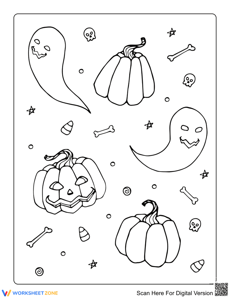 Halloween Pumpkins and Ghosts Coloring Page | Essential - Page 1