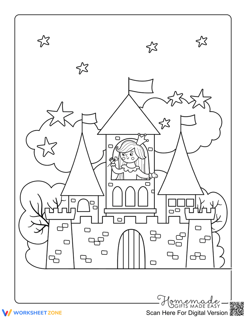 Princess in Castle Tower Printable Coloring Page - Page 1