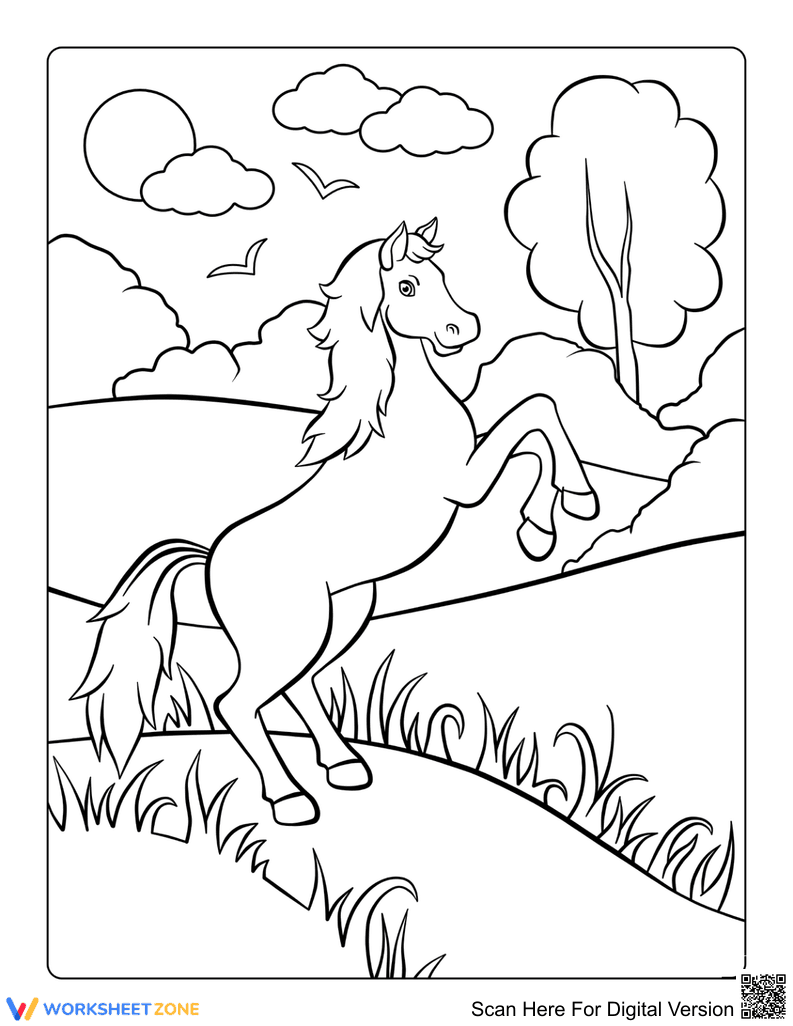 Horse in the Countryside Printable Coloring Page - Page 1
