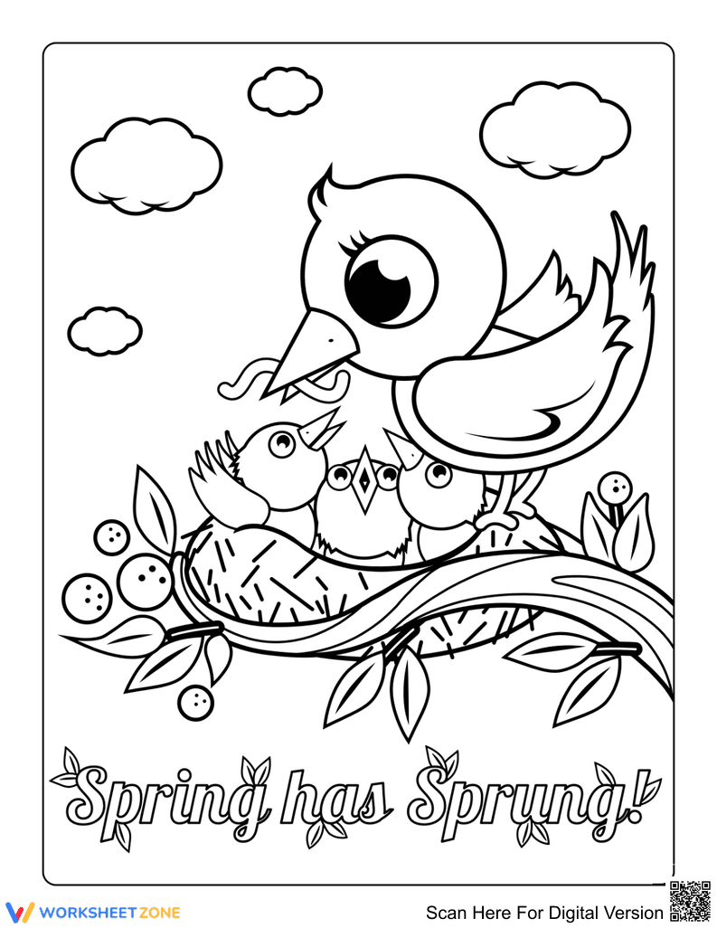 Mother Bird Feeding Chicks | Printable Coloring Page - Page 1