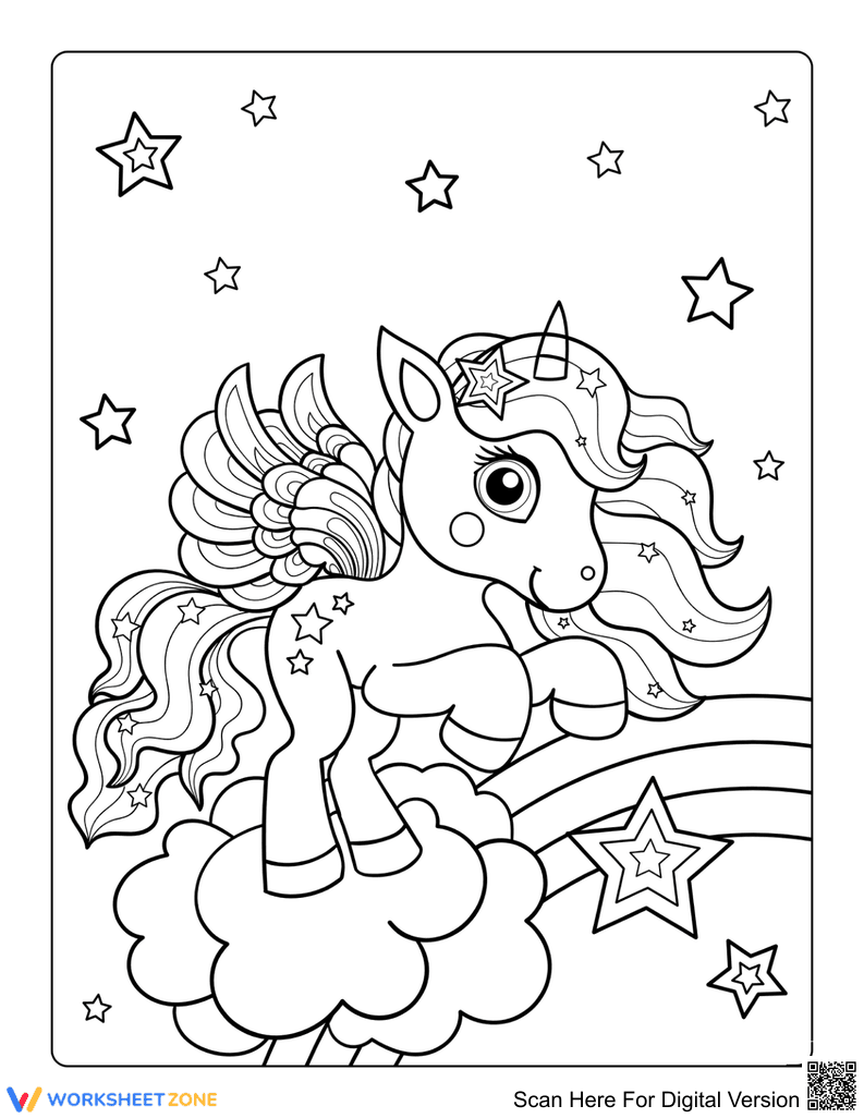 Baby Unicorn on Rainbow Printable Coloring Page | Grade K - Page 1
