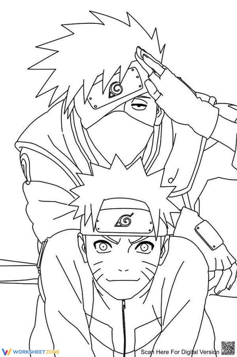 Naruto and Kakashi Anime Characters Coloring Page - Page 1