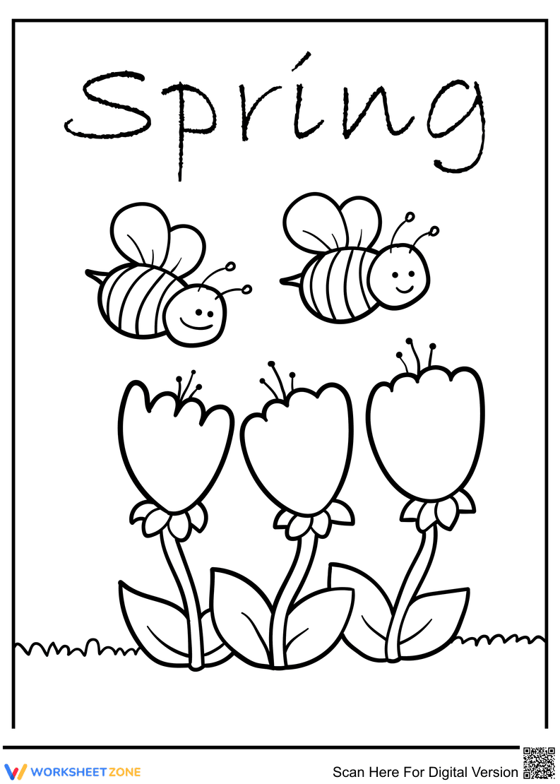 Spring Bee and Flowers Coloring Page | Printable Ready - Page 1