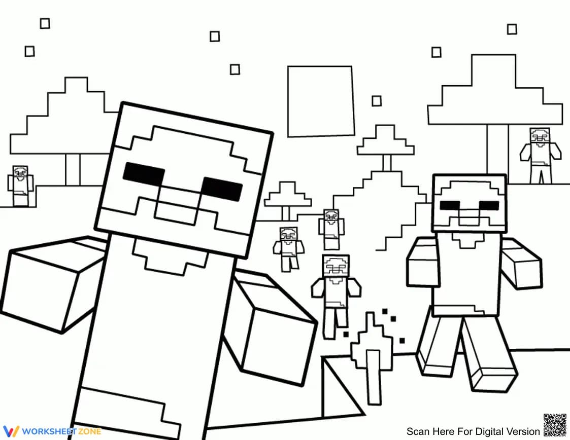 Minecraft Zombie Scene Coloring Page - Pixel Gaming Fun - Page 1