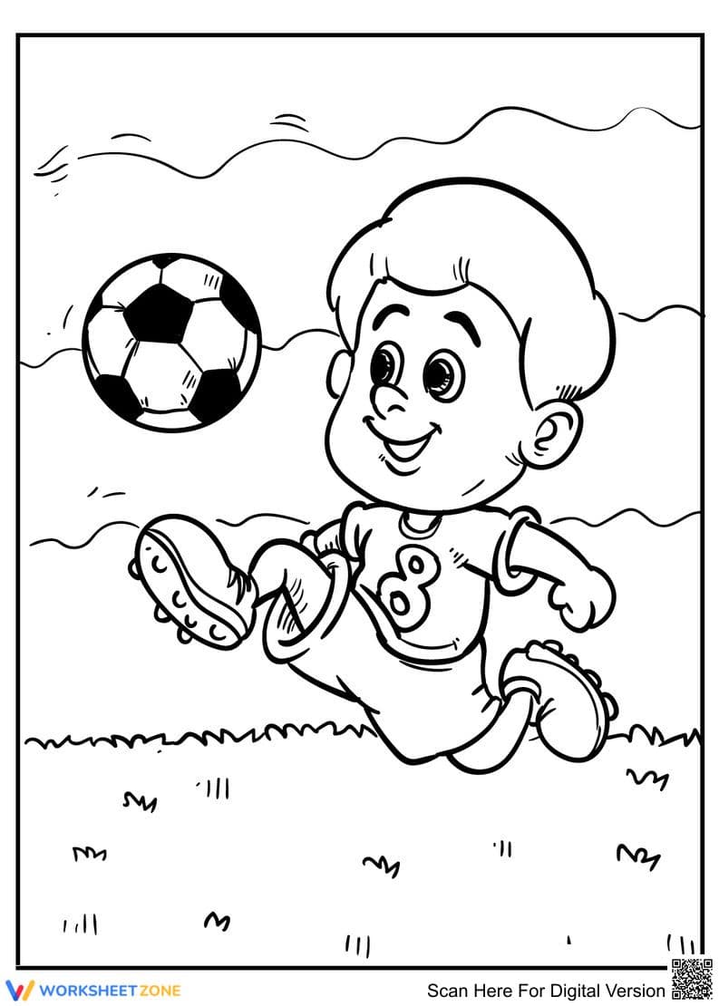 Little Boy Playing Football — Printable Coloring Page - Page 1