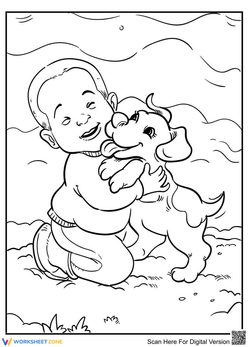 Little Boy and His Dog Printable Coloring Page - Page 1