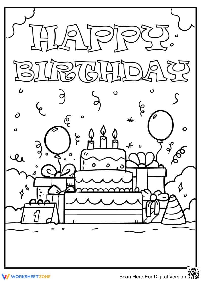 Birthday Gift and Cake Coloring Page | Essential Printable - Page 1