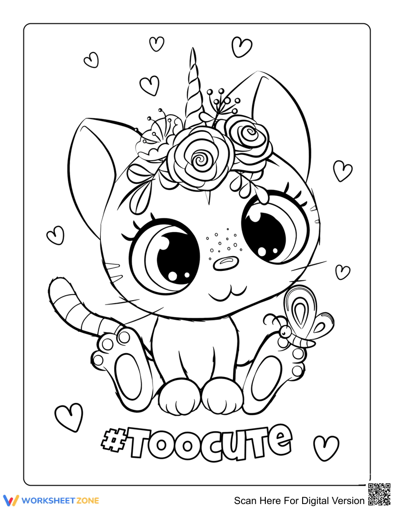 Cute Caticorn with Flowers Kawaii Coloring - Page 1