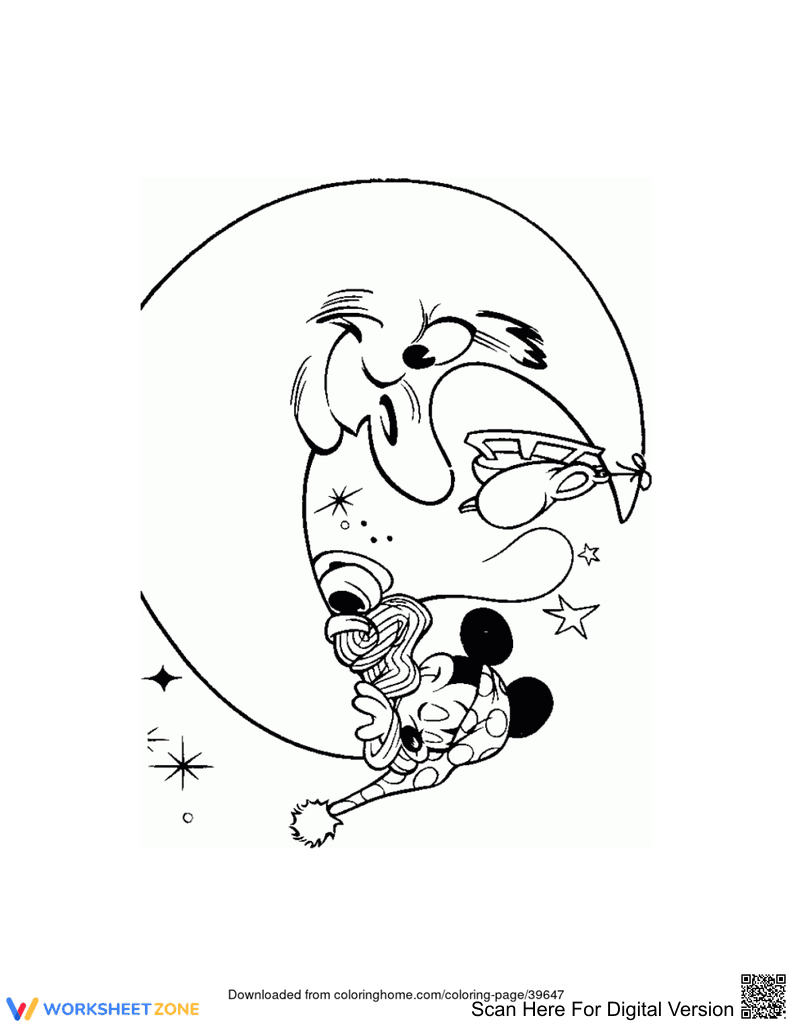 Mickey in the Moon Coloring Page | Printable Worksheet - Page 1