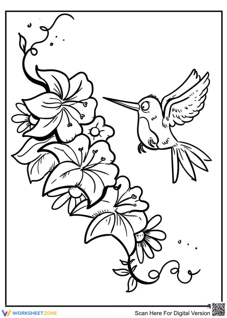 Hummingbird & Flowers Coloring Page | Printable Nature - Page 1