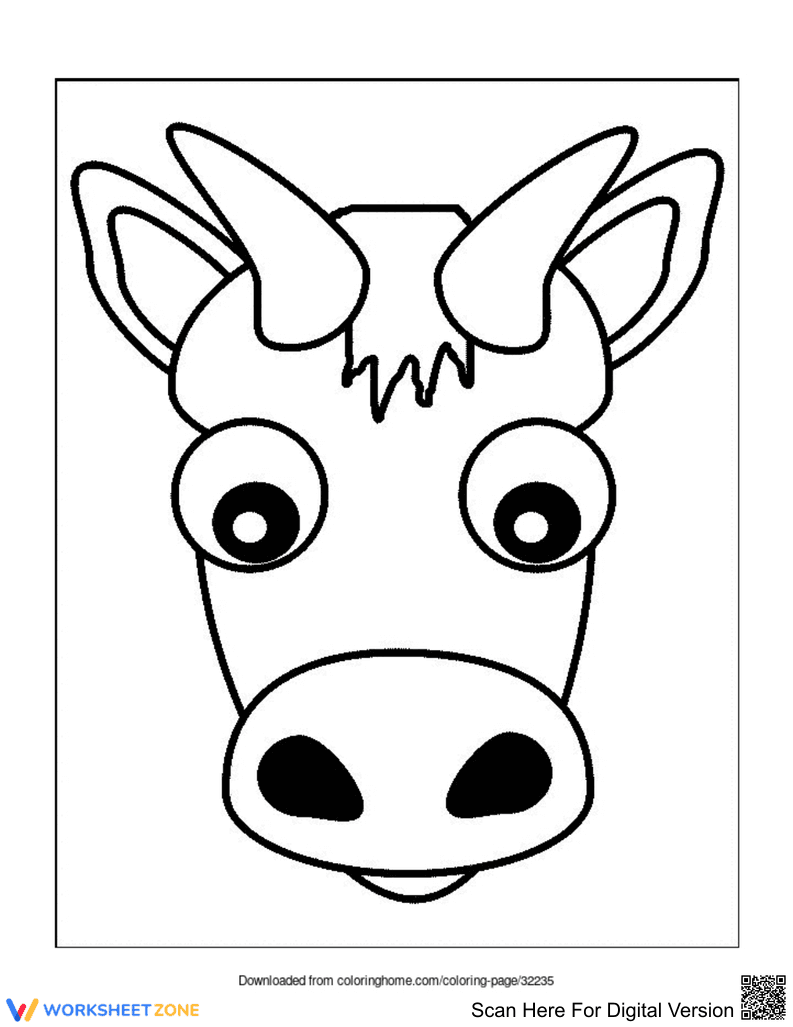 Cow Head Coloring Page | Printable Animal Worksheet - Page 1