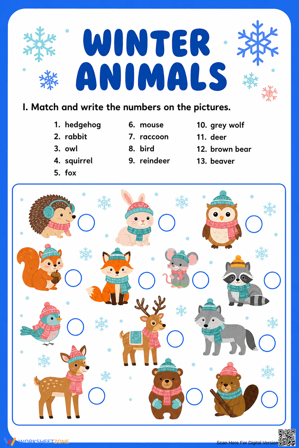 Winter Animals Vocabulary Worksheet | Grade 1 Printable - Page 1