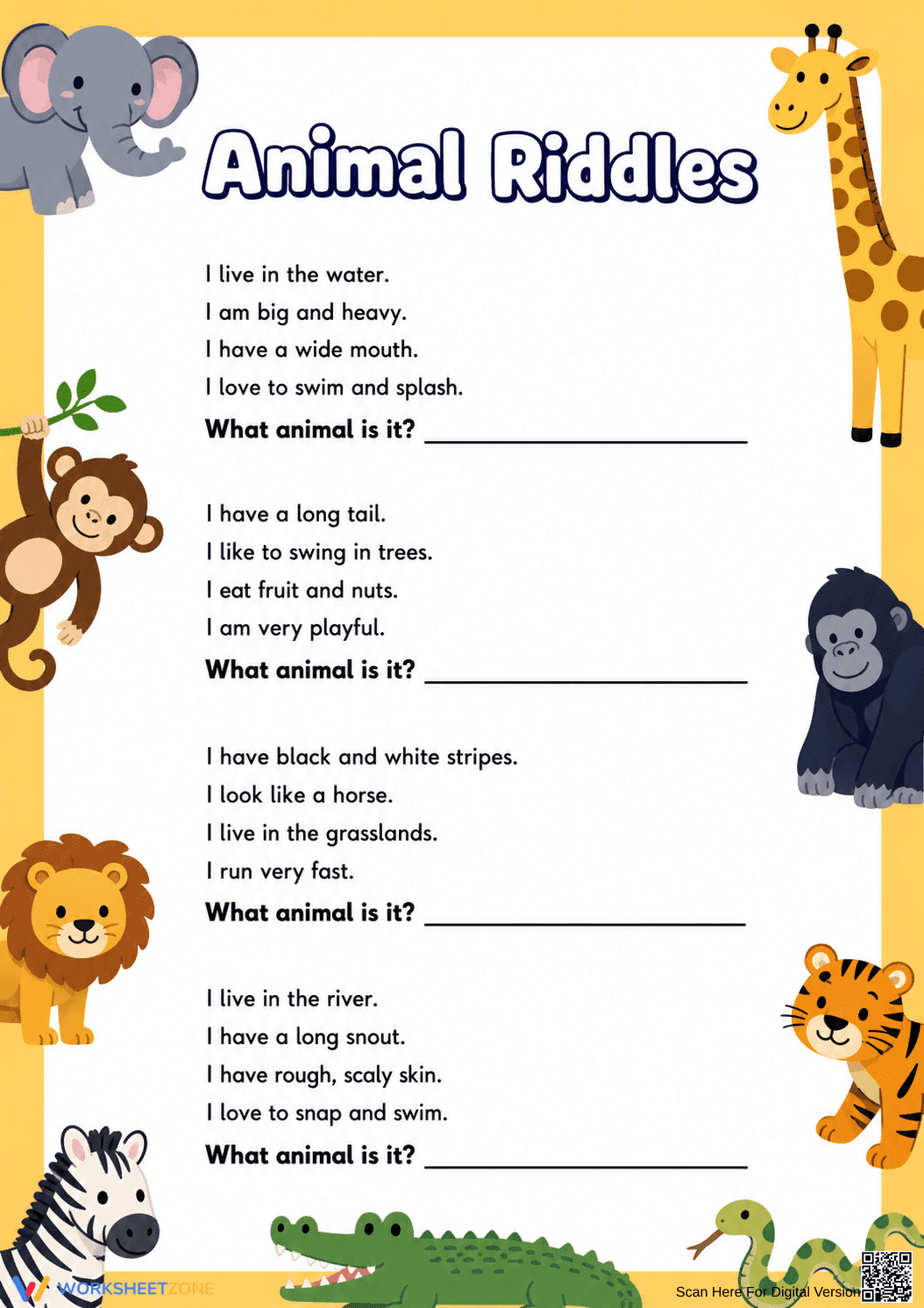 Grade 1 Animal Riddles — Printable No-Prep Worksheet - Page 1