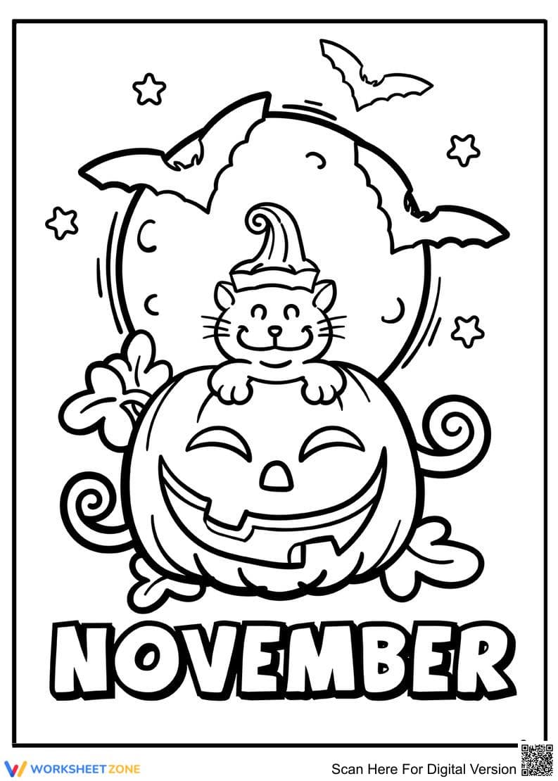 Printable November Halloween Coloring Page | Grade K-5 - Page 1