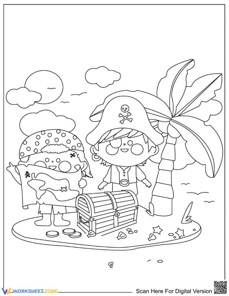 Pirates on an Island Printable Coloring Page | Grade K-2 - Page 1