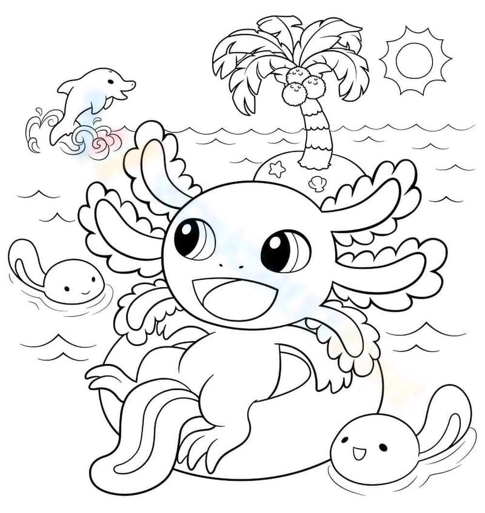 Fun Axolotl Going to the Beach Coloring Pages - Page 1