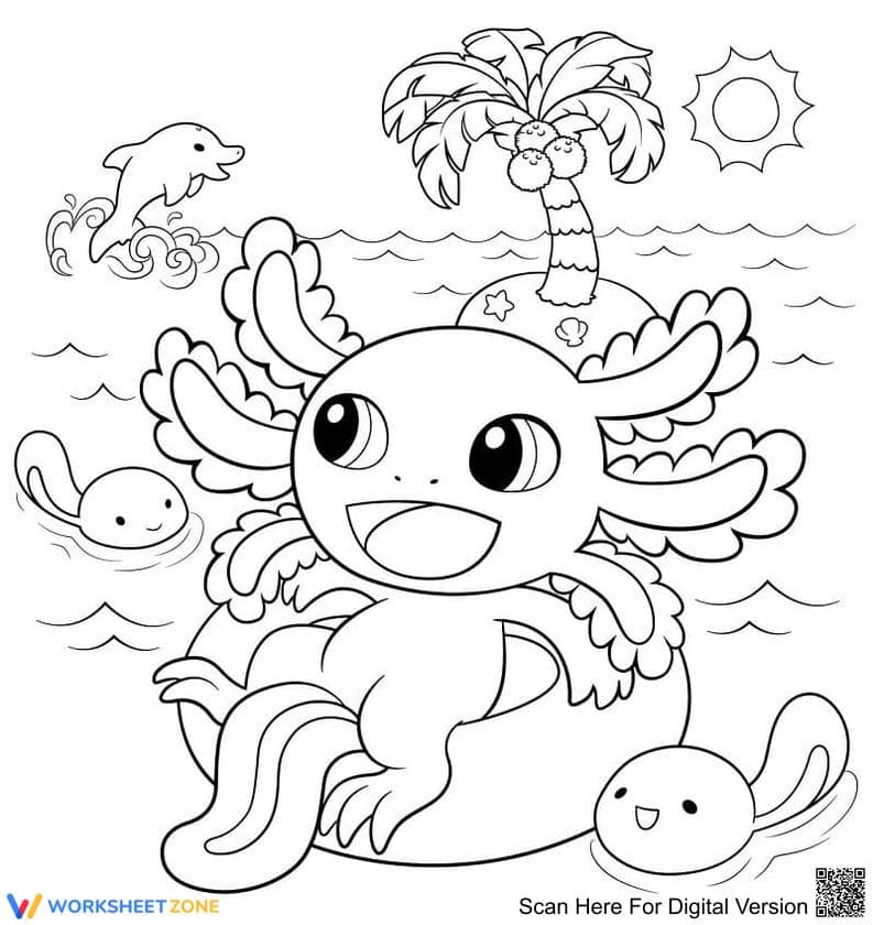 Fun Axolotl Going to the Beach Coloring Pages - Page 1