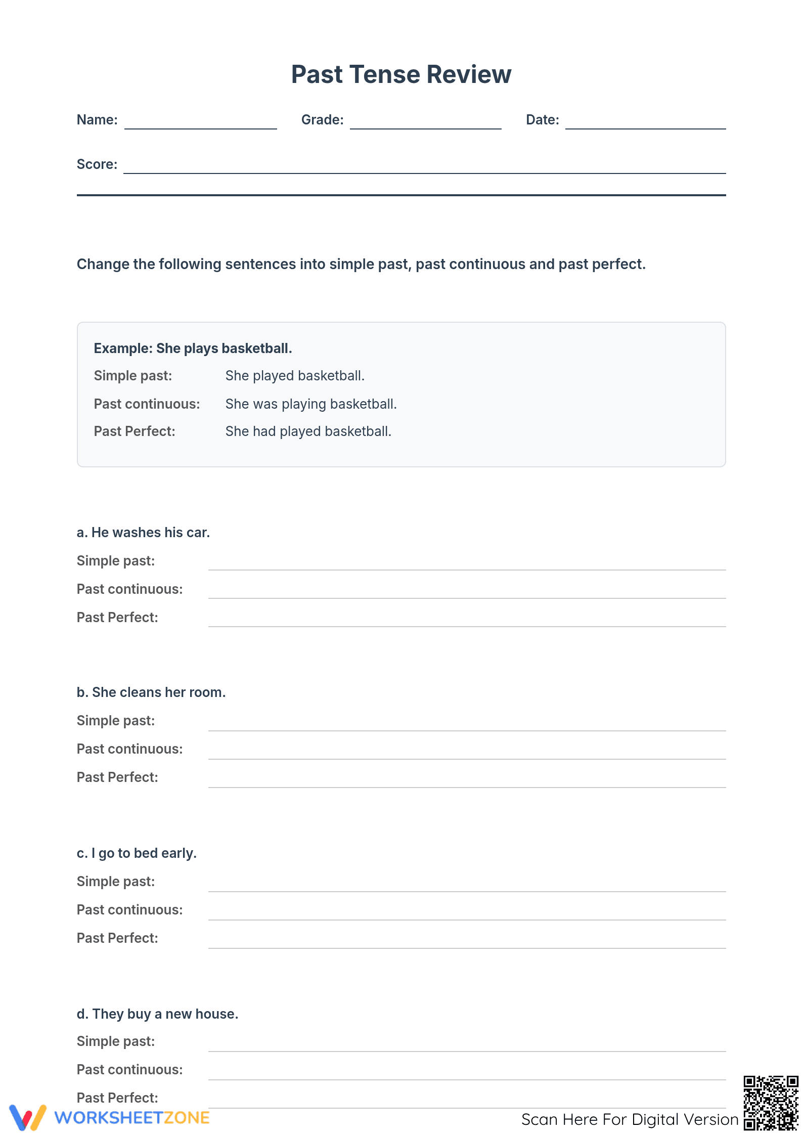 Past Tense Verbs Worksheet | Grade 8 ELA Printable - Page 1